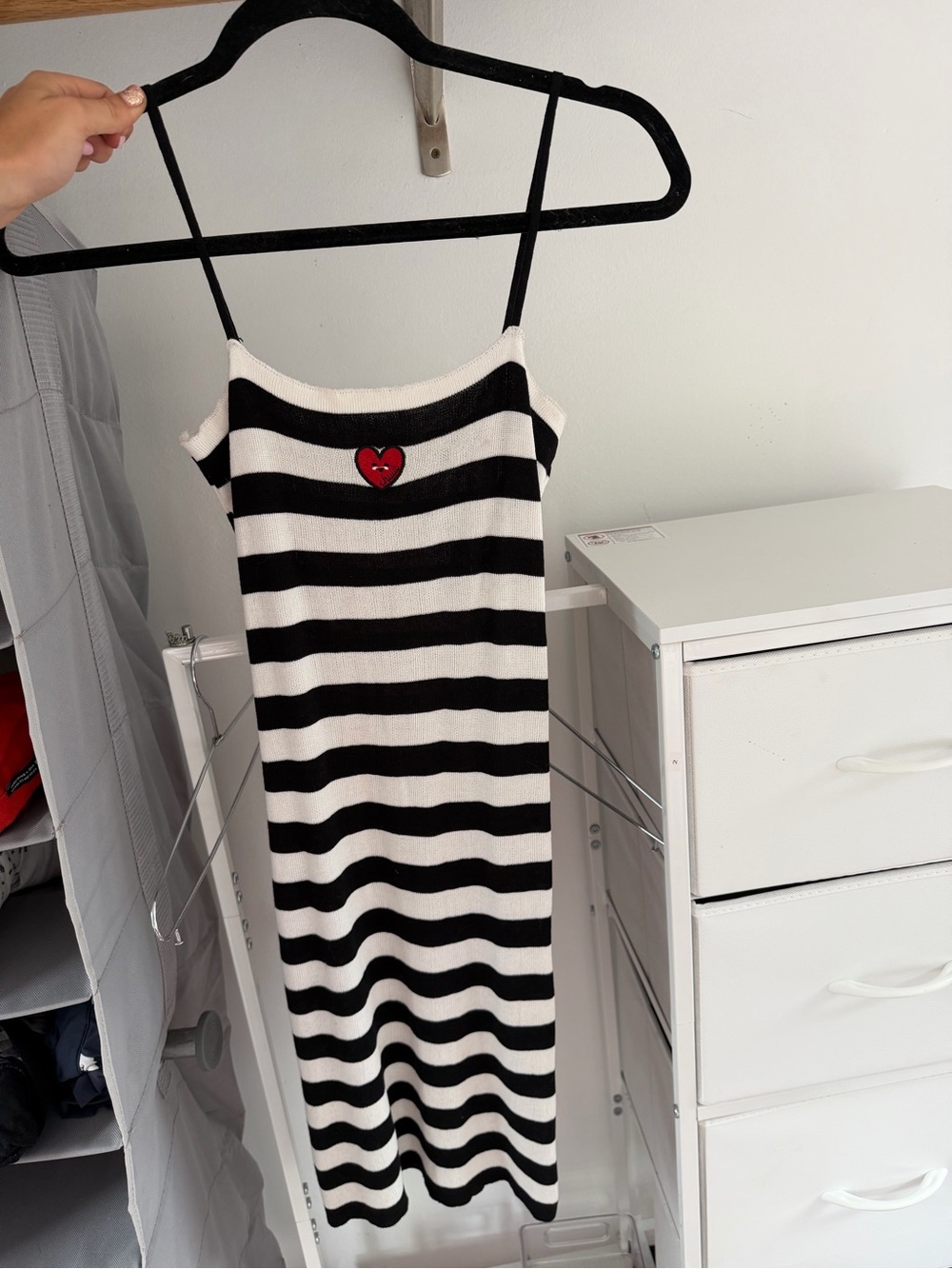 Striped Knit Slip Dress with Heart Patch - Black & White